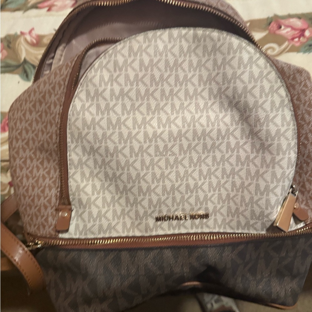 Michael Kors Beige and Brown Logo Backpack